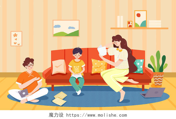 辅导作业的一家人客厅沙发阅读书籍傍晚室内场景